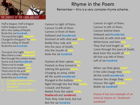 Half a league, Half a league Half a league onward, All in the valley of Death Rode the six hundred. 'Forward the Light Brigade! Charge for the guns!' he.