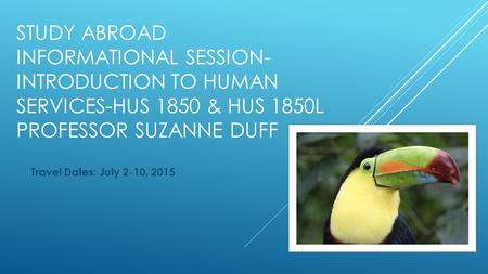 STUDY ABROAD INFORMATIONAL SESSION- INTRODUCTION TO HUMAN SERVICES-HUS 1850 & HUS 1850L PROFESSOR SUZANNE DUFF Travel Dates: July 2-10, 2015.