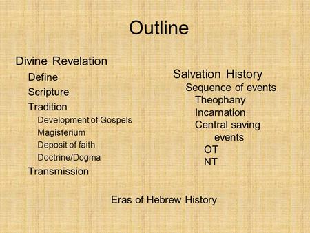 Divine Revelation Define Scripture Tradition Development of Gospels Magisterium Deposit of faith Doctrine/Dogma Transmission Outline Salvation History.