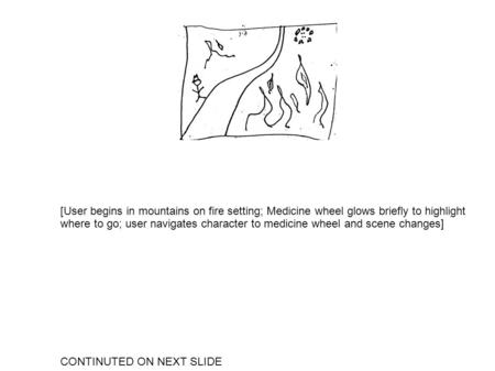 [User begins in mountains on fire setting; Medicine wheel glows briefly to highlight where to go; user navigates character to medicine wheel and scene.