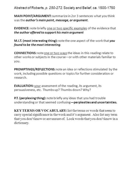 Abstract of Roberts, p. 250-272. Society and Belief, ca. 1500-1750 MAIN POINT/ARGUMENT: summarize in 2or 3 sentences what you think was the author’s main.