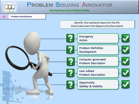 P roblem S olving I nnovator Solving Tomorrows Problems Today Identify the need and reason for the PSI. Clearly document the Opportunity Description Identify.