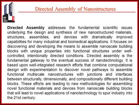 Directed Assembly addresses the fundamental scientific issues underlying the design and synthesis of new nanostructured materials, structures, assemblies,