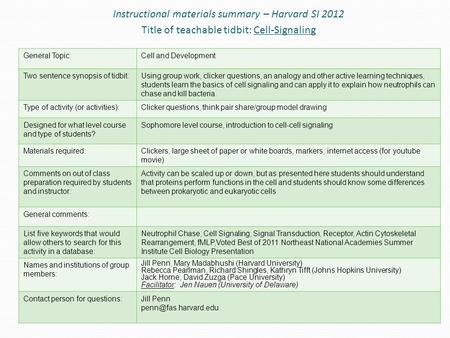 Instructional materials summary – Harvard SI 2012 Title of teachable tidbit: Cell-Signaling General Topic:Cell and Development Two sentence synopsis of.