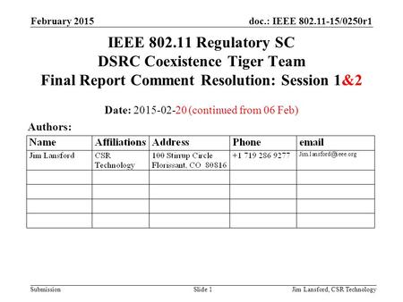 Doc.: IEEE 802.11-15/0250r1 Submission February 2015 Jim Lansford, CSR TechnologySlide 1 IEEE 802.11 Regulatory SC DSRC Coexistence Tiger Team Final Report.