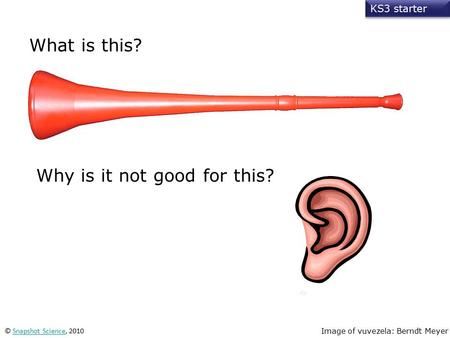 What is this? KS3 starter Why is it not good for this? Image of vuvezela: Berndt Meyer © Snapshot Science, 2010Snapshot Science.