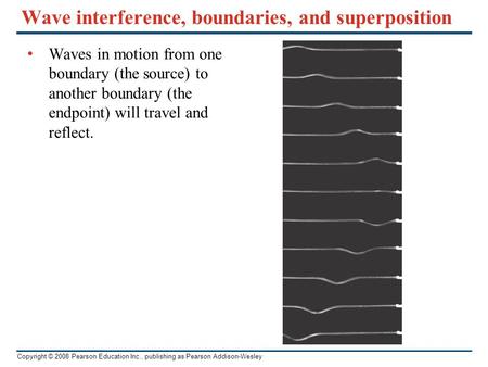 Copyright © 2008 Pearson Education Inc., publishing as Pearson Addison-Wesley Wave interference, boundaries, and superposition Waves in motion from one.