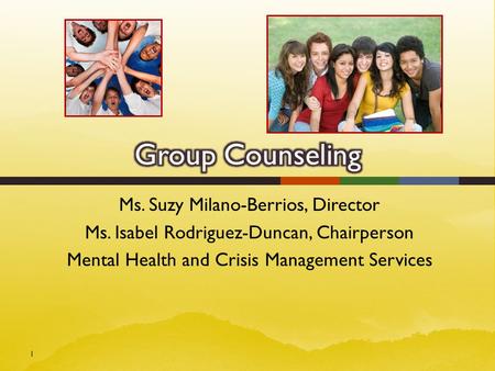 Ms. Suzy Milano-Berrios, Director Ms. Isabel Rodriguez-Duncan, Chairperson Mental Health and Crisis Management Services 1.