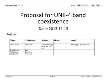 November 2013 doc.: IEEE 802.11-13/1449r2 Tevfik Yucek, Qualcomm Inc.Slide 1Submission Authors: Date: 2013-11-13 Proposal for UNII-4 band coexistence.