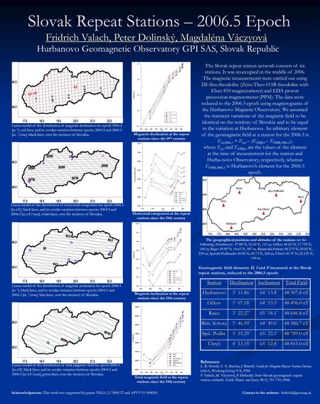 Slovak Repeat Stations – 2006.5 Epoch Fridrich Valach, Peter Dolinský, Magdaléna Váczyová Hurbanovo Geomagnetic Observatory GPI SAS, Slovak Republic The.