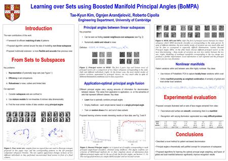 Proposed concepts illustrated well on sets of face images extracted from video: Face texture and surface are smooth, constraining them to a manifold Recognition.