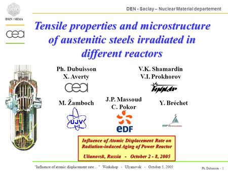 DEN - Saclay – Nuclear Material departement Influence of atomic displacement rate…  Workshop - Ulyanovsk - October 5, 2005 Ph. Dubuisson - 1 DMN / SRMA.