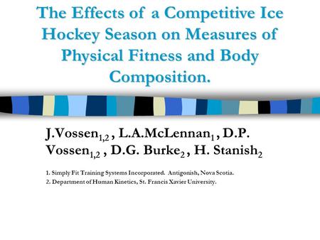 J.Vossen 1,2, L.A.McLennan 1, D.P. Vossen 1,2, D.G. Burke 2, H. Stanish 2 1. Simply Fit Training Systems Incorporated. Antigonish, Nova Scotia. 2. Department.