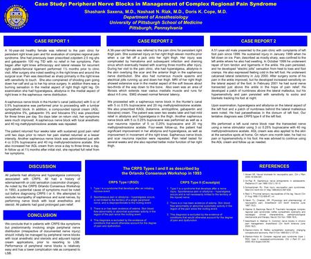 Case Study: Peripheral Nerve Blocks in Management of Complex Regional Pain Syndrome Shashank Saxena, M.D., Nashaat N. Rizk, M.D., Doris K. Cope, M.D. Department.