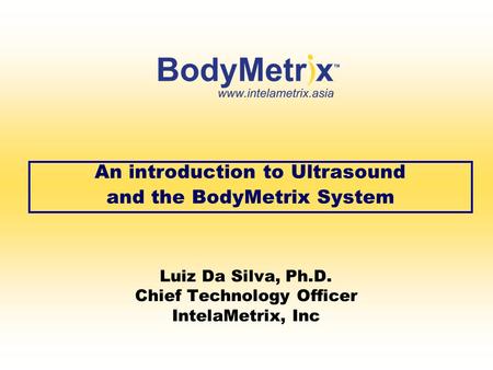 Luiz Da Silva, Ph.D. Chief Technology Officer IntelaMetrix, Inc An introduction to Ultrasound and the BodyMetrix System.