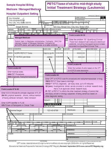 PET/CT base of skull to mid-thigh study Initial Treatment Strategy (Leukemia) Sample Hospital Billing Medicare / Managed Medicare Hospital Outpatient Setting.