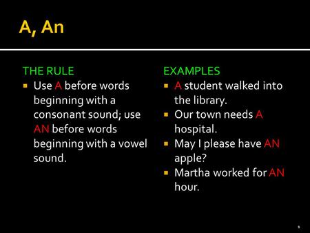 A, An THE RULE Use A before words beginning with a consonant sound; use AN before words beginning with a vowel sound. EXAMPLES A student walked into the.