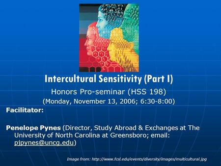 Intercultural Sensitivity (Part I) Honors Pro-seminar (HSS 198) (Monday, November 13, 2006; 6:30-8:00) Facilitator: Penelope Pynes (Director, Study Abroad.