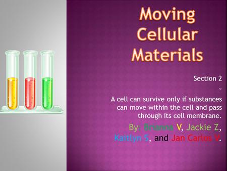 Section 2 ~ A cell can survive only if substances can move within the cell and pass through its cell membrane. By: Brianna V, Jackie Z, Kaitlyn S, and.