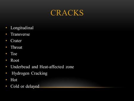 Cracks Longitudinal Transverse Crater Throat Toe Root