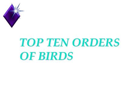 TOP TEN ORDERS OF BIRDS. u Waterfowl u Birds of Prey u Owls u Chicken-like u Wading birds u Shore birds u Pigeons/doves u Swifts… u Woodpeckers u Perching.