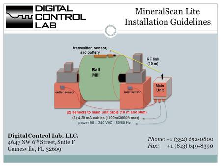 MineralScan Lite Installation Guidelines Digital Control Lab, LLC. 4647 NW 6 th Street, Suite F Gainesville, FL 32609 Main Unit power 90 – 240 VAC 50/60.