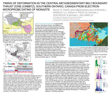 TIMING OF DEFORMATION IN THE CENTRAL METASEDIMENTARY BELT BOUNDARY THRUST ZONE (CMBBTZ), SOUTHERN ONTARIO, CANADA FROM ELECTRON MICROPROBE DATING OF MONAZITE.