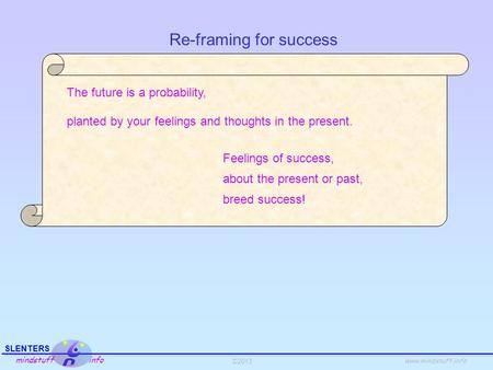 ©2013 SLENTERS mindstuff info www.mindstuff.info The future is a probability, planted by your feelings and thoughts in the present. Feelings of success,