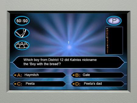 1 Which boy from District 12 did Katniss nickname the ‘Boy with the bread’? Haymitch Gale Peeta Peeta’s dad.