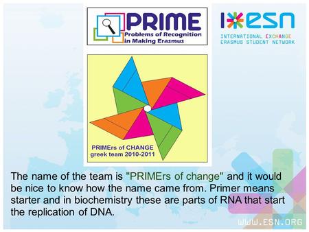 Prime greek team PRIMErs of change The name of the team is PRIMErs of change and it would be nice to know how the name came from. Primer means starter.