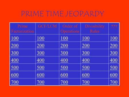 PRIME TIME JEOPARDY Prime Factorization GCF/LCM Order of Operations