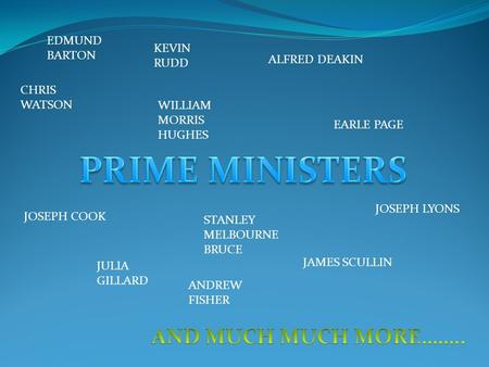 EDMUND BARTON ALFRED DEAKIN KEVIN RUDD CHRIS WATSON WILLIAM MORRIS HUGHES EARLE PAGE JOSEPH COOK STANLEY MELBOURNE BRUCE JOSEPH LYONS JAMES SCULLIN JULIA.