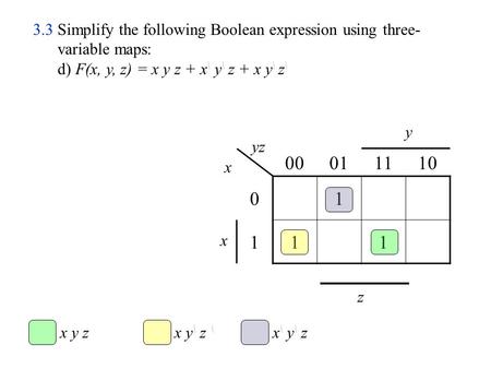 d) F(x, y, z) = x y z + x\ y\ z + x y\ z\ y yz 00 01 11 10 1 x x z