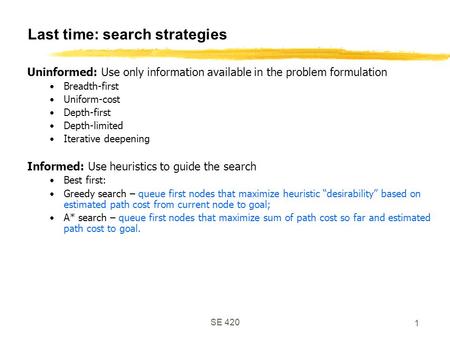 SE 420 1 Last time: search strategies Uninformed: Use only information available in the problem formulation Breadth-first Uniform-cost Depth-first Depth-limited.