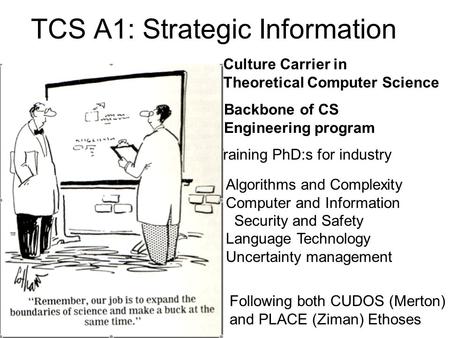 TCS A1: Strategic Information Culture Carrier in Theoretical Computer Science Training PhD:s for industry Backbone of CS Engineering program Algorithms.