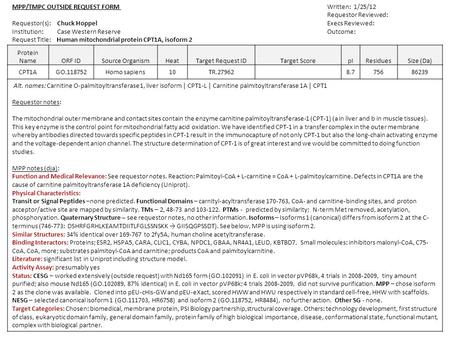 MPP/TMPC OUTSIDE REQUEST FORM Written: 1/25/12 Requestor Reviewed: Requestor(s):Chuck HoppelExecs Reviewed: Institution:Case Western ReserveOutcome: Request.