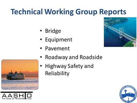 Technical Working Group Reports Bridge Equipment Pavement Roadway and Roadside Highway Safety and Reliability.