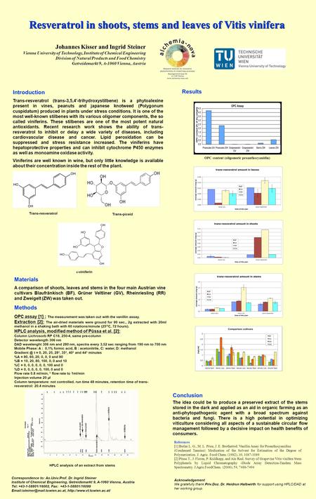 Resveratrol in shoots, stems and leaves of Vitis vinifera Johannes Kisser and Ingrid Steiner Vienna University of Technology, Institute of Chemical Engineering.