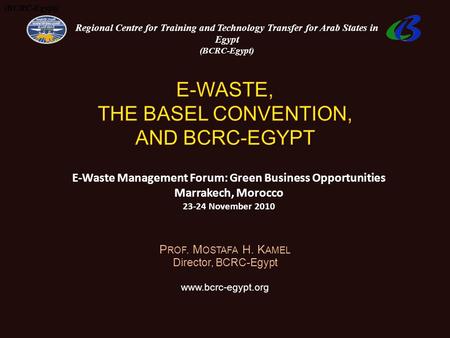 P ROF. M OSTAFA H. K AMEL Director, BCRC-Egypt www.bcrc-egypt.org (BCRC-Egypt) Regional Centre for Training and Technology Transfer for Arab States in.