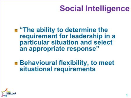 1 Social Intelligence “The ability to determine the requirement for leadership in a particular situation and select an appropriate response” Behavioural.