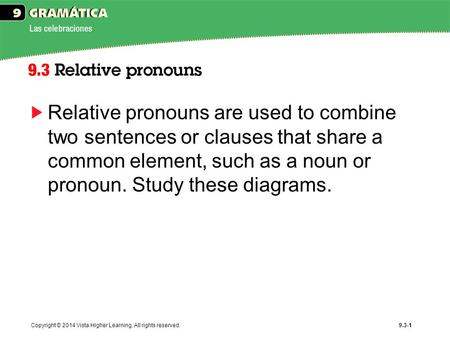 Copyright © 2014 Vista Higher Learning. All rights reserved.9.3-1 Relative pronouns are used to combine two sentences or clauses that share a common element,