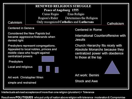 RENEWED RELIGIOUS STRUGGLE Peace of Augsburg 1555 Cuius Regio Eius Religio Region ’ s Ruler Determines the Religion Only recognized Catholics and Lutherans.