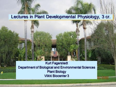 Lectures in Plant Developmental Physiology, 3 cr. Kurt Fagerstedt Department of Biological and Environmental Sciences Plant Biology Viikki Biocenter 3.