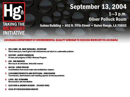 September 13, 2004 1—3 p.m. Oliver Pollock Room Galvez Building 602 N. Fifth Street Baton Rouge, LA 70802 1.WELCOME: DR. MIKE MCDANIEL, SECRETARY What.