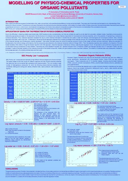 MODELLING OF PHYSICO-CHEMICAL PROPERTIES FOR ORGANIC POLLUTANTS F. Consolaro, P. Gramatica and S. Pozzi QSAR Research Unit, Dept. of Structural and Functional.