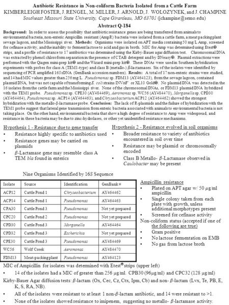 Antibiotic Resistance in Non-coliform Bacteria Isolated from a Cattle Farm KIMBERLEIGH FOSTER, J. RENGEL, M. MILLER, J. ARNOLD, J. WOLOZYNEK, and J. CHAMPINE.