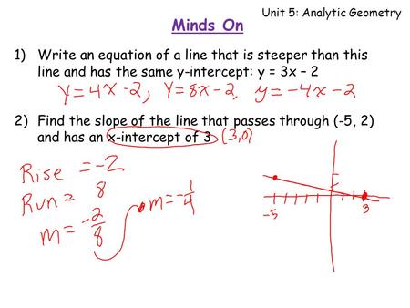 Minds On Unit 5: Analytic Geometry 1)Write an equation of a line that is steeper than this line and has the same y-intercept: y = 3x – 2 2)Find the slope.