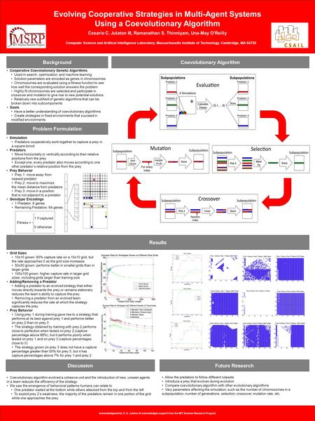 Evolving Cooperative Strategies in Multi-Agent Systems Using a Coevolutionary Algorithm Cesario C. Julaton III, Ramanathan S. Thinniyam, Una-May O’Reilly.