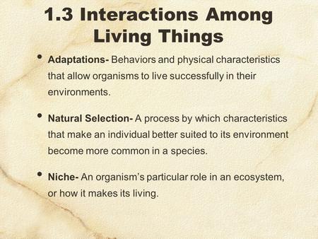 1.3 Interactions Among Living Things Adaptations- Behaviors and physical characteristics that allow organisms to live successfully in their environments.