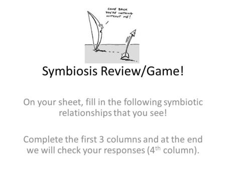 Symbiosis Review/Game! On your sheet, fill in the following symbiotic relationships that you see! Complete the first 3 columns and at the end we will check.